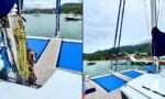 Catamarã Praia 47 - Convés de Proa com trampolins e estação de manobras do mastro